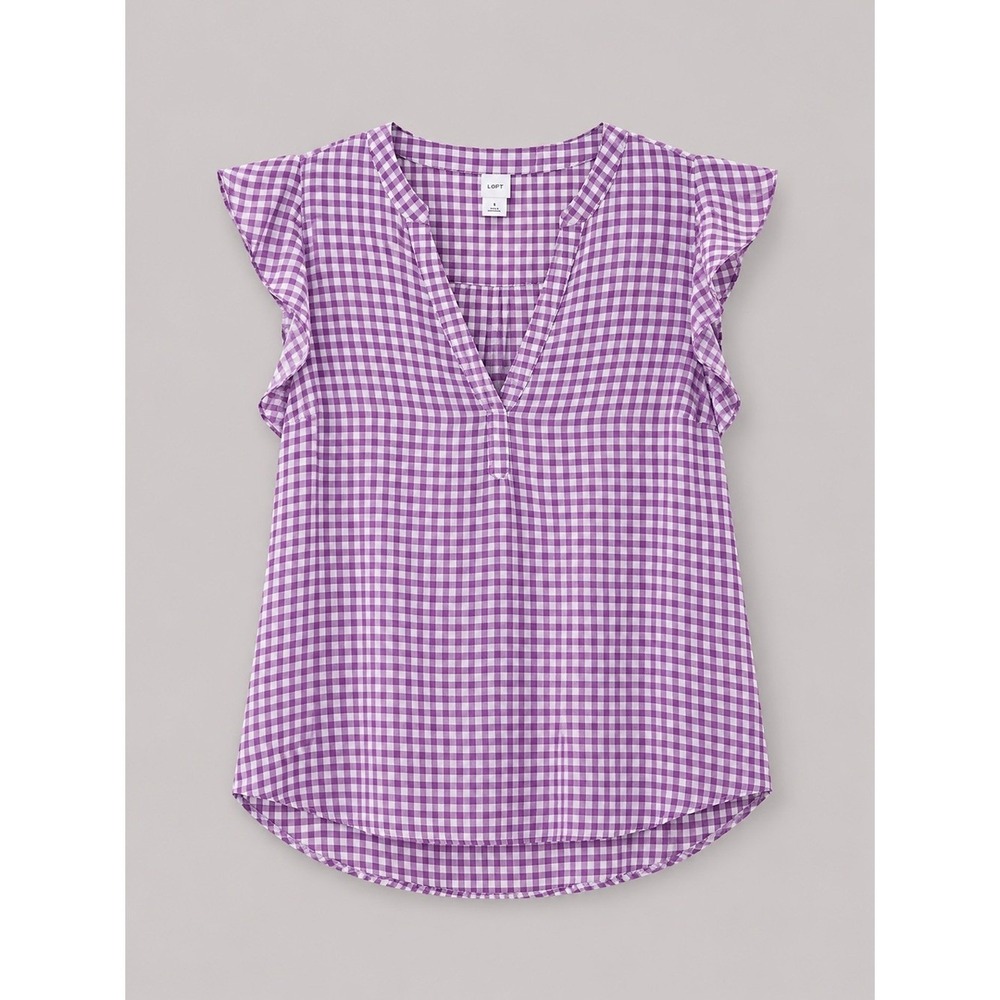Old Navy Gingham Linen Cotton Blouse Small Cottage Peasant Flutter Sleeves